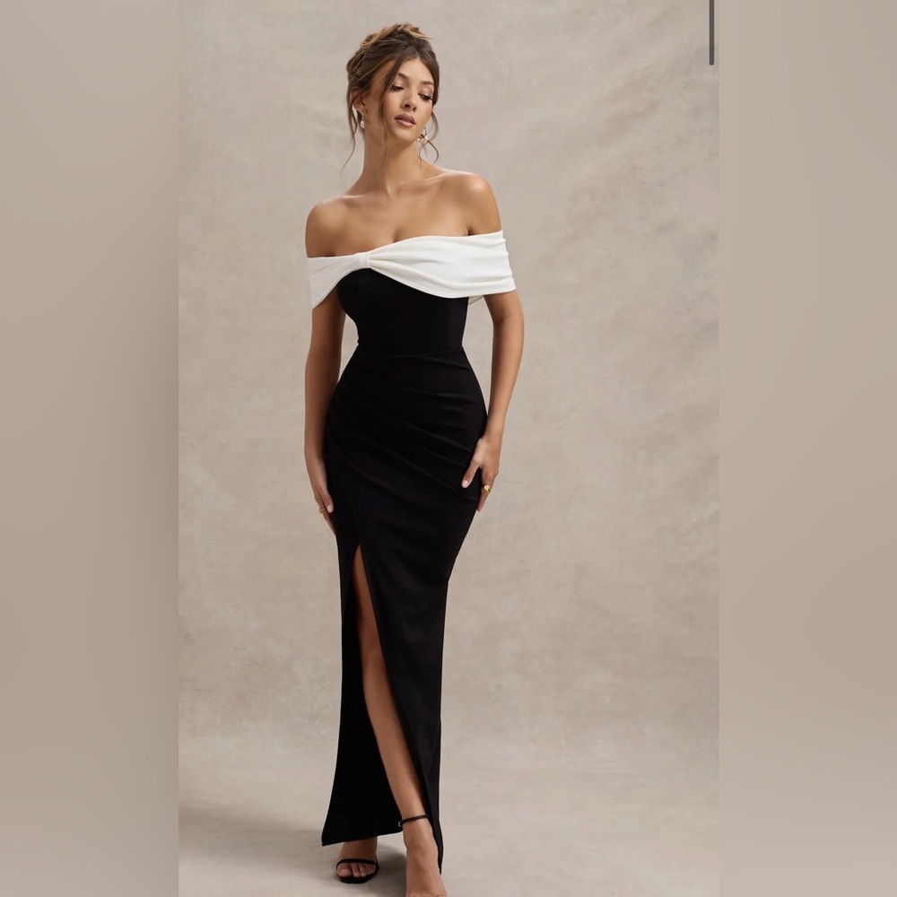 Eva | Black & White Bardot Bow Detail Maxi Dress With Thigh Split